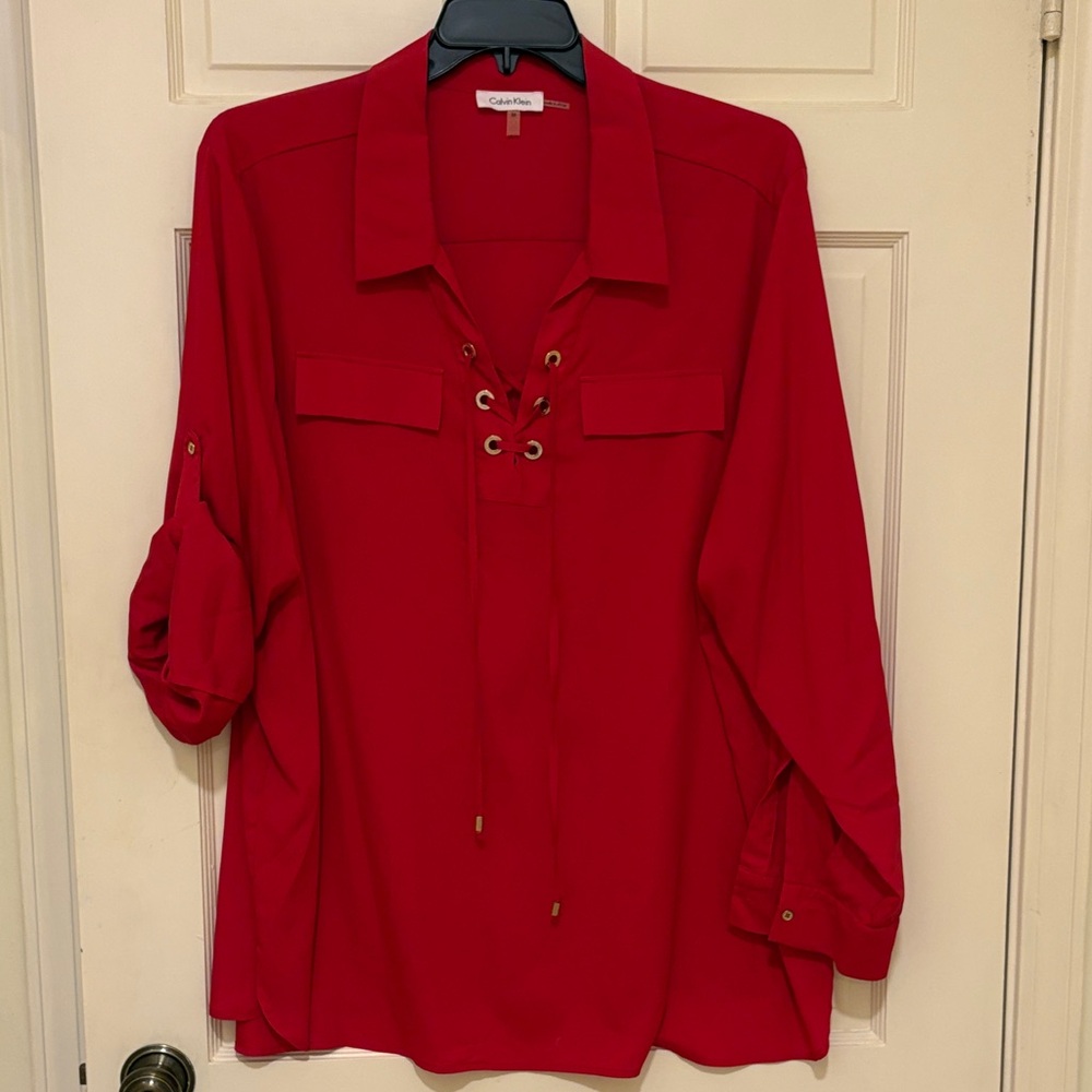 Calvin Klein Red Lace-Up Women's Blouse